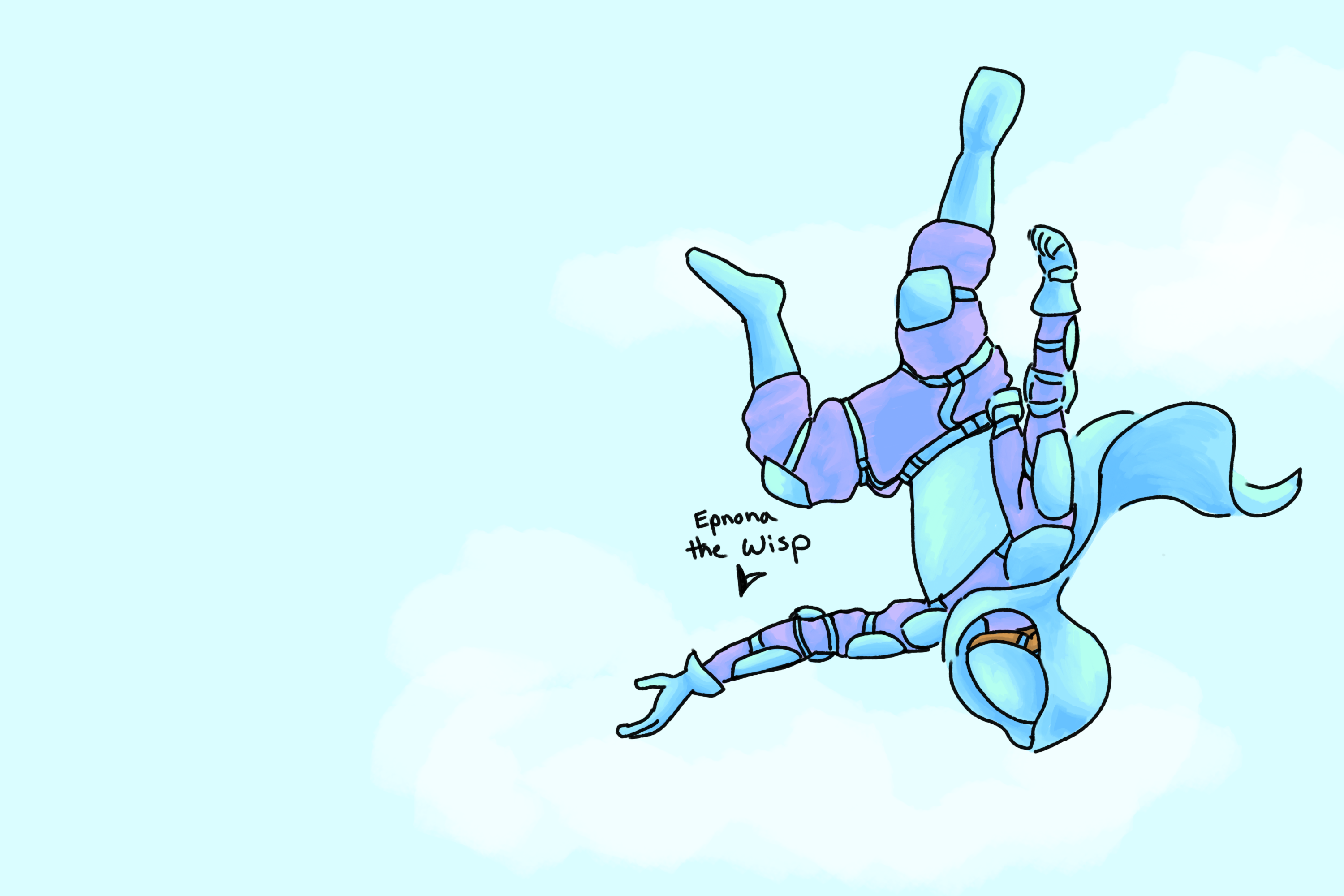 Zephyr flying in the sky, floating upside down. His hero costume is purple and blue and you can't see his face at all